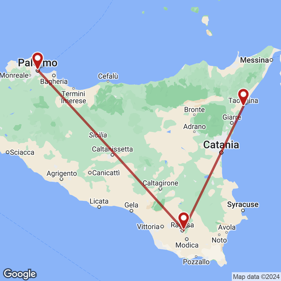 Route for Taormina, Ragusa, Palermo tour